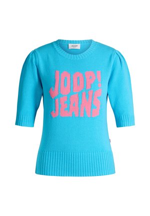 Maglione a maglia blu acceso con maniche a sbuffo a mezzo braccio e scritta "JOOP! JEANS" in grandi lettere rosa sul davanti.