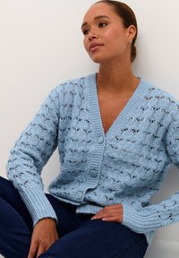 Helles blauer Strickcardigan mit einem Spitzenmuster, V-Ausschnitt und zwei runden Knöpfen. Die Ärmel sind an den Bündchen gerippt.