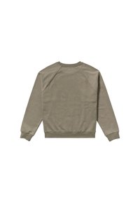 Khaki crewneck sweatshirt met lange raglanmouwen, ribgebreide manchetten en onderrand, zachte textuur en een klein logo-detail aan de achterkant van de hals.