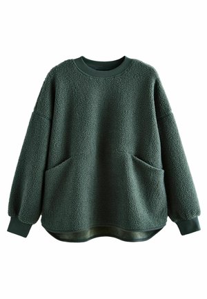 Mørkegrøn fleece sweatshirt med lange ærmer, ribkanter, rund halsudskæring og to store forlommer, vist på en hvid baggrund.