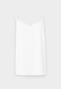 Weißes, ärmelloses Tanktop mit V-Ausschnitt. Hergestellt aus einem glatten Material, verfügt es über dünne Träger und einen leicht lockeren Sitz.