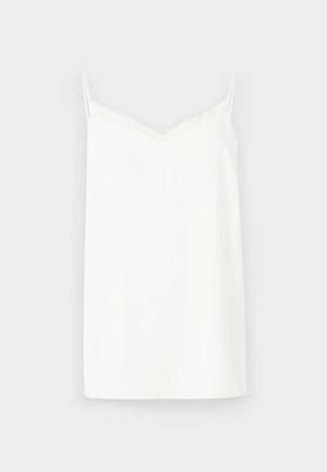 Weißes, ärmelloses Tanktop mit V-Ausschnitt. Hergestellt aus einem glatten Material, verfügt es über dünne Träger und einen leicht lockeren Sitz.