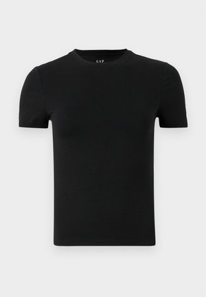 Schwarz, kurzärmliges T-Shirt aus weicher Baumwolle. Hat einen runden Ausschnitt und ein einfaches, nahtloses Design ohne Muster oder Akzente.