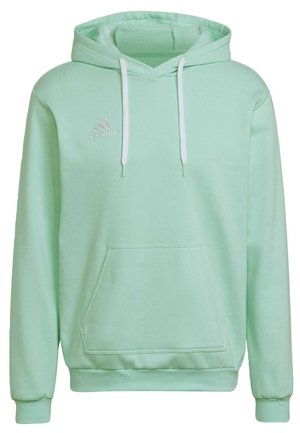 Mintgroene hoodie met een buidelzak, verstelbare witte trekkoorden en een subtiele witte logo. Zacht, soepel materiaal met ribbelboorden.