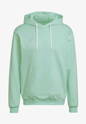 Mint green hoodie with a kangaroo pocket, adjustable white drawstrings, and a subtle white logo. Soft, smooth fabric with ribbed cuffs.