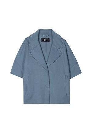 Blue short-sleeve blazer with a notched collar, front button closure, and two patch pockets, made from a smooth, textured fabric.