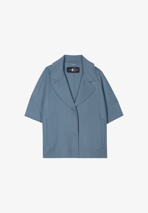 Blue short-sleeve blazer with a notched collar, front button closure, and two patch pockets, made from a smooth, textured fabric.