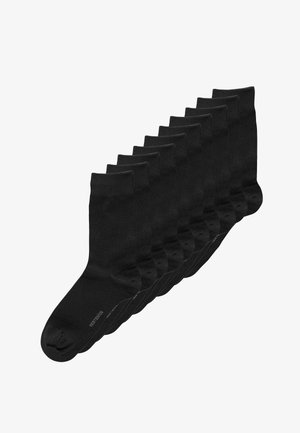 Black socks arranged in a row, featuring a ribbed cuff, smooth texture, and reinforced toe. Pack contains multiple pairs.