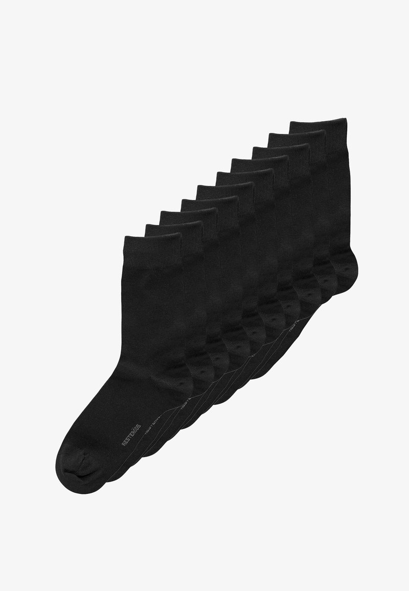 Black socks arranged in a row, featuring a ribbed cuff, smooth texture, and reinforced toe. Pack contains multiple pairs.