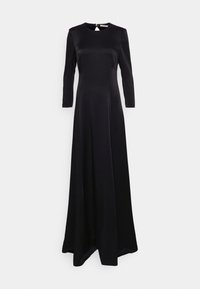 Robe longue en satin noir à manches longues, taille cintrée, encolure ronde avec une petite ouverture en forme de goutte au dos.