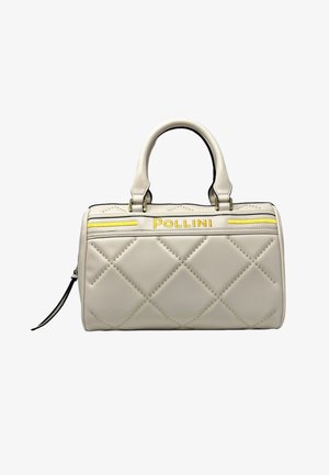 Borsa in pelle bianca con motivo a diamante trapuntato, dettagli gialli e logo "Pollini" ricamato in giallo. Presenta due manici robusti.
