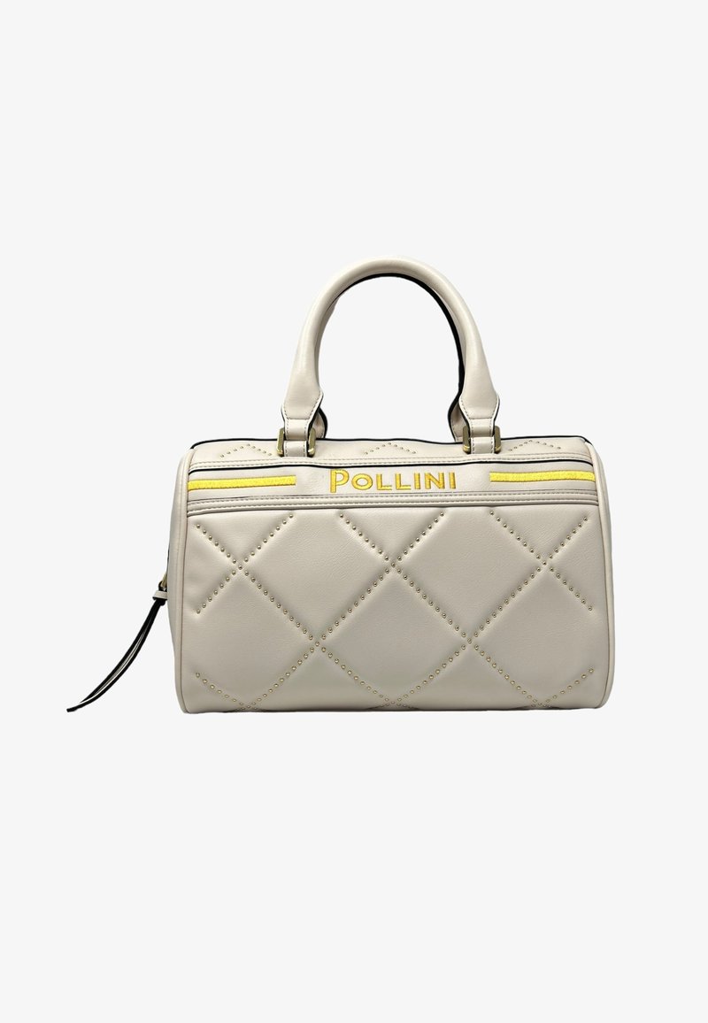 Borsa in pelle bianca con motivo a diamante trapuntato, dettagli gialli e logo "Pollini" ricamato in giallo. Presenta due manici robusti.