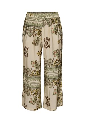 Lockere beige Hose mit weitem Bein, elastischem Bund, Kordelzug und detaillierten grünen, braunen und gelben Blumen- sowie geometrischen Mustern.