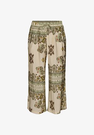 Pantalones sueltos beige con piernas anchas, cintura elástica, cordón ajustable y elaborados patrones florales y geométricos en verde, marrón y amarillo.