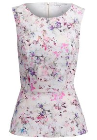 Haut ajusté sans manches avec un ourlet à basque, présentant un imprimé floral pastel en rose, violet et blanc, et une fermeture éclair dans le dos.