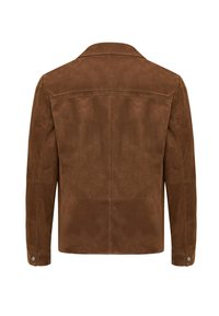 Bruine suède jas met een gegoten kraag, voorzien van een gladde textuur, knoopmanchetten en naaddetails op de rug.