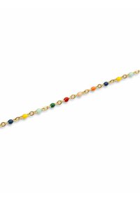 Bracciale in tono oro con perline multicolori in tonalità di rosso, blu, giallo, verde e pesca, collegate da segmenti di catena ovali.