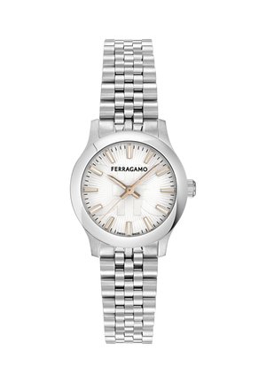 Stainless steel Ferragamo wristwatch with silver dial, gold-tone hour markers, three hands, and linked metal bracelet.
