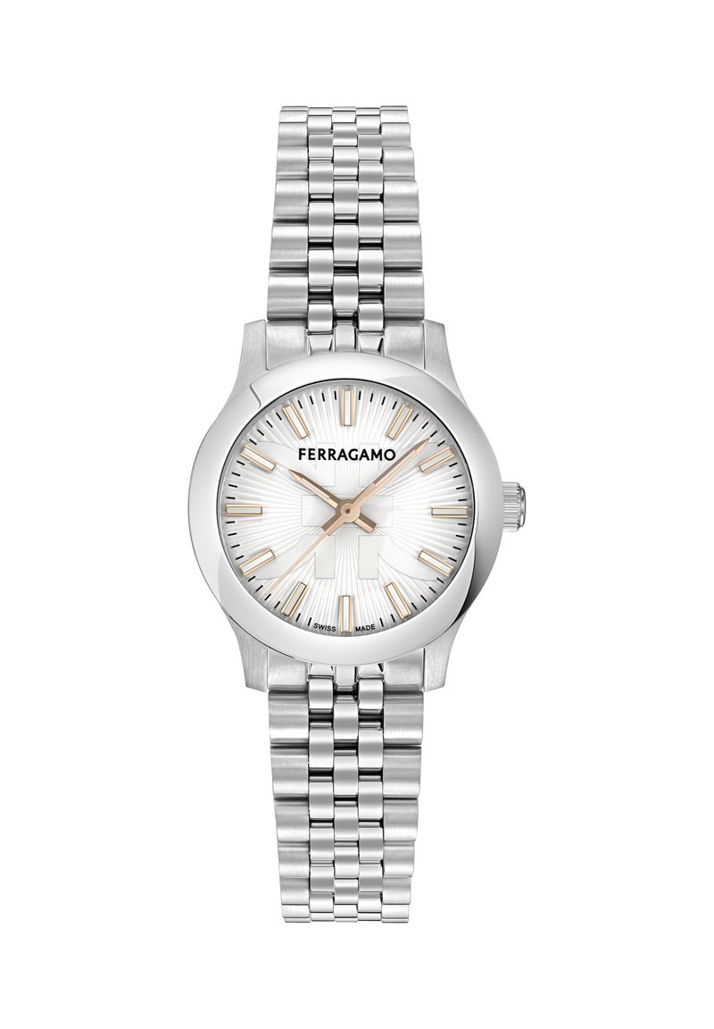 Stainless steel Ferragamo wristwatch with silver dial, gold-tone hour markers, three hands, and linked metal bracelet.
