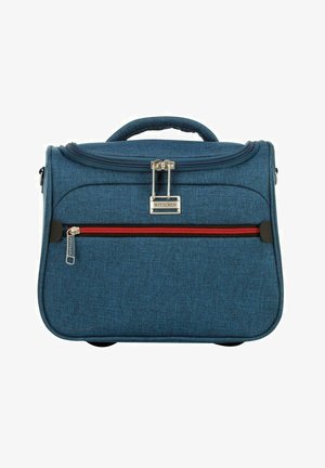 Blaue Stofftasche mit einem oberen Griff, ausgestattet mit einem silbernen Verschluss, einer vorderen Reißverschlusstasche mit rotem Rand und glatter Textur. Markenlogo sichtbar.