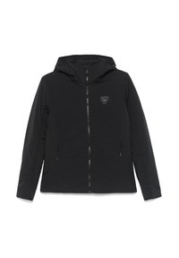 Schwarze isolierte Jacke mit Kapuze, Frontreißverschluss und Logo auf der Brust. Verfügt über Seitentaschen und eine elegante, glatte Textur.