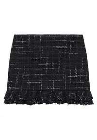 Mini-jupe en tweed noir présentant une surface texturée avec un motif de grille blanche, agrémentée d'un ourlet volé pour une touche de détail supplémentaire.