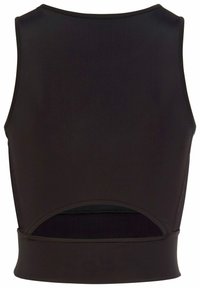 Schwarzes, kurzes Tanktop mit einem eleganten Design, gefertigt aus glattem Stoff. Verfügt über einen tieferen Rückenausschnitt für Belüftung und eine figurbetonte Silhouette.