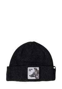 Berretto lavorato a maglia nero con risvolto, texture a coste e una patch rettangolare con un'illustrazione di una volpe argentata e la scritta "SILVER FOX."