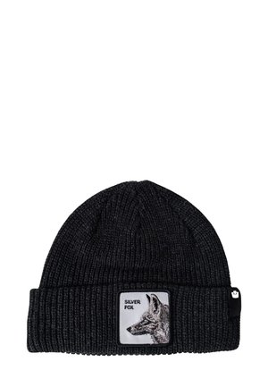 Berretto lavorato a maglia nero con risvolto, texture a coste e una patch rettangolare con un'illustrazione di una volpe argentata e la scritta "SILVER FOX."
