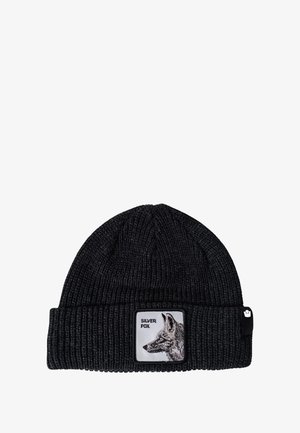 Berretto lavorato a maglia nero con risvolto, texture a coste e una patch rettangolare con un'illustrazione di una volpe argentata e la scritta "SILVER FOX."
