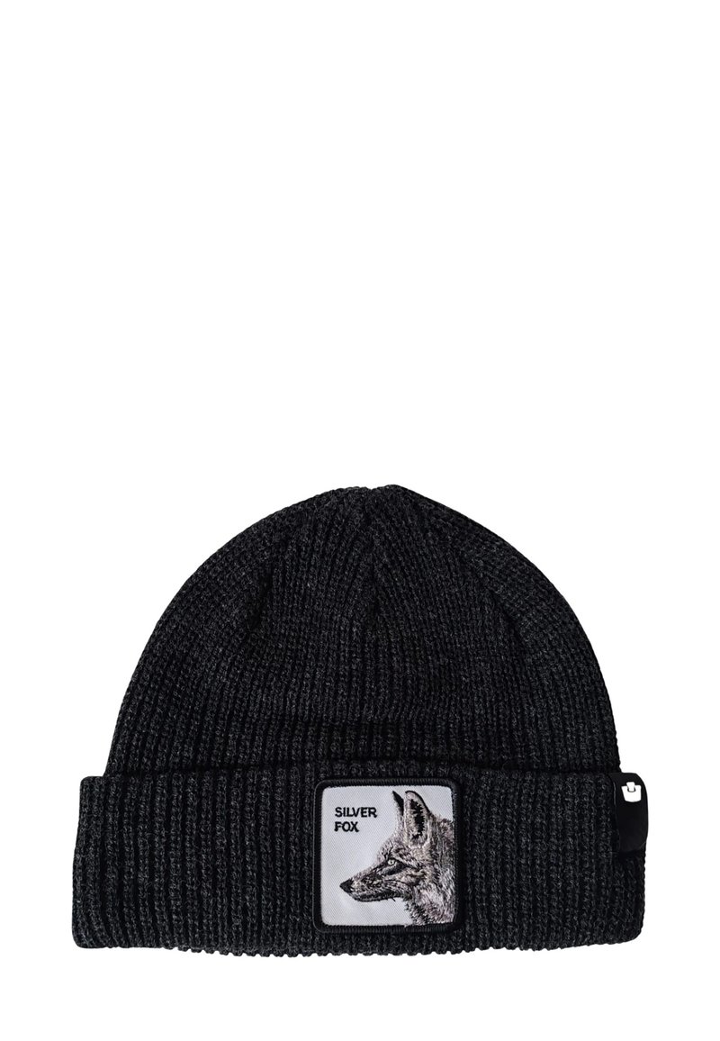 Berretto lavorato a maglia nero con risvolto, texture a coste e una patch rettangolare con un'illustrazione di una volpe argentata e la scritta "SILVER FOX."