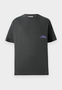 Dark gray cotton t-shirt with a round neckline. Features a small purple print on the left chest reading "REPLAY." Short, straight sleeves.