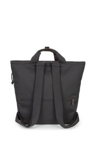 Black tote bag with double top handles and adjustable shoulder straps. Features a zippered pocket on the back and a textured fabric surface.