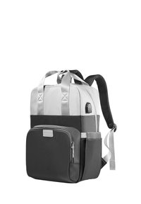 Sac à dos en tissu gris et blanc avec deux poignées supérieures, des bretelles ajustables, une poche avant et une poche en maille sur le côté pour le rangement.