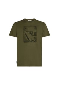 Olivově zelené tričko z měkké tkaniny, s obdélníkovým černým potiskem krajinné scény na přední straně. Krátké rukávy a kulatý výstřih.