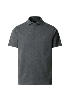 Graues Kurzarm-Polohemd aus Baumwolle mit klassischem Kragen, einer Drei-Knopf-Leiste und glatter Textur. Leicht und vielseitig.