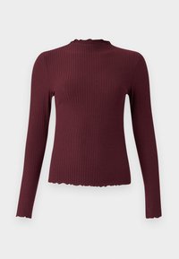 Haut bordeaux à manches longues avec texture côtelée, encolure et ourlet festonnés. Silhouette ajustée, confectionné en matière stretch douce.