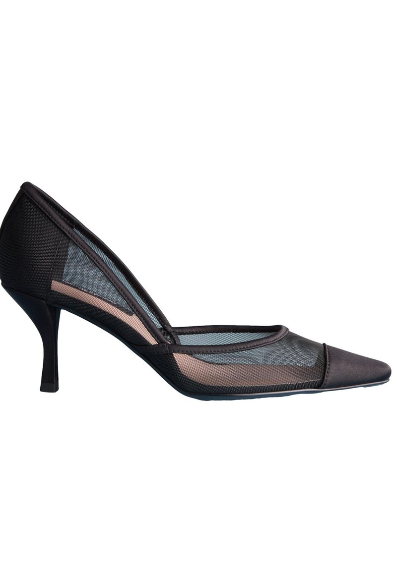 Black high-heeled pump with mesh panels, pointed toe, and satin accents. Features a slim stiletto heel and contrasting beige lining.