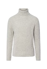 Hellgrauer Rollkragenpullover aus Rippstruktur, gefertigt aus Strickstoff. Verfügt über lange Ärmel und ein eng anliegendes Kragen Design.