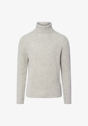 Pull col roulé gris clair en texture côtelée, fabriqué à partir d'un tissu tricoté. Il présente des manches longues et un design de cou ajusté.