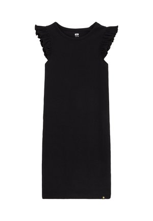 Čierne bezrukávové rebrované šaty s volánovými malými rukávikmi a malou zlatou značkou na lemovaní, veľkosť 122/128 pre deti.