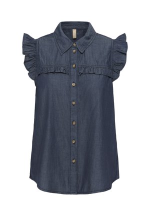 Chemise sans manches en denim bleu foncé, dotée d'une fermeture boutonnée à l'avant et de volants aux épaules et à la poitrine, avec un col classique.