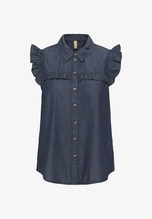 Ärmelloses Jeanshemd in Dunkelblau mit durchgehender Knopfleiste und Rüschenakzenten an Schultern und Brust, ausgestattet mit einem klassischen Kragen.