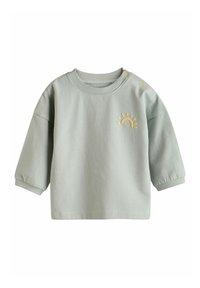 Mintgrüner Baumwoll-Sweatshirt mit langen Ärmeln, Rundhalsausschnitt und einem gelben Sonnenmotiv auf der Vorderseite. Mit Druckknöpfen an der Schulter.