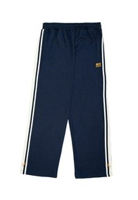 Marineblaue Jogginghosen mit weißen Seitenstreifen, elastischem Bund, zwei Seitentaschen und einem kleinen gelben Emblem am linken Bein.