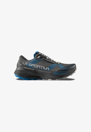 Zapatilla deportiva negra con acentos en azul, parte superior texturizada y suela curva. Incluye detalles reflectantes y talón reforzado.
