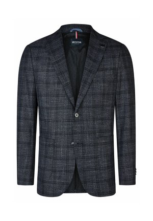 Dunkel karierter Blazer aus strukturiertem Stoff, mit spitzem Revers, zwei Knöpfen und einem Schlitz hinten.