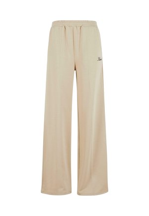 Béžové nohavice s širokými nohavicami vyrobené z jemnej látky s elastickým pásom a detailmi na bočných švoch. Obsahujú diskrétne vyšívanie loga.
