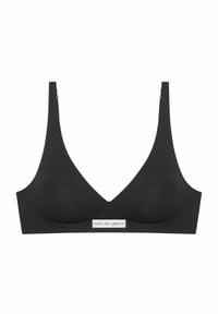 Black wireless bra with a V-neck design, smooth texture, wide straps, and a white logo label at the center front. Seamless finish.