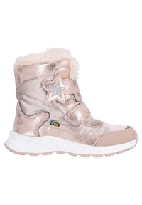 Bottes en métal rose étanches avec un col duveteux, un accent en forme d'étoile, des sangles velcro et une semelle blanche texturée.